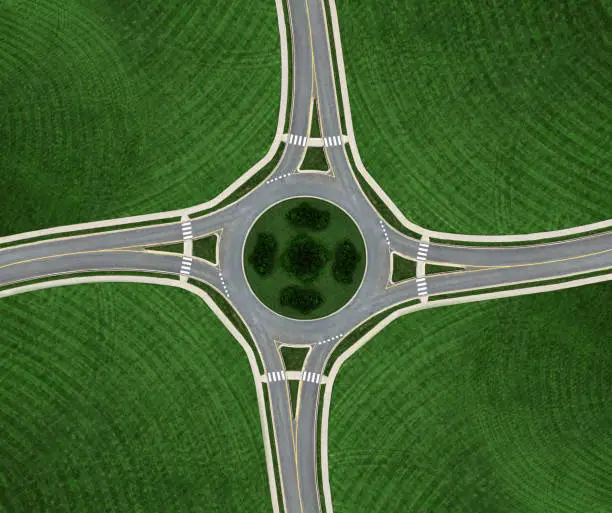 Aerial drone view of a roundabout.