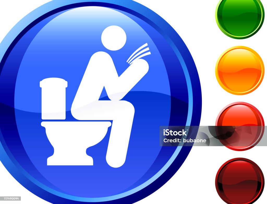 Blue glossy icon with picture of man reading on toilet.  Adult stock vector