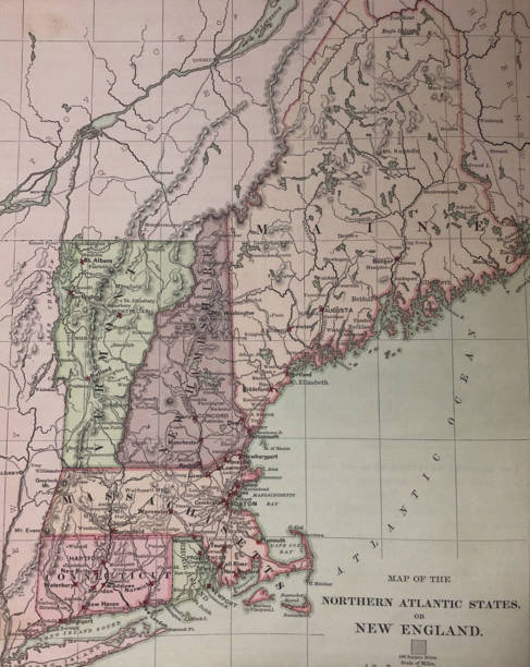 ilustraciones, imágenes clip art, dibujos animados e iconos de stock de ilustración antigua - 1878 geografía - mapa de los estados del atlántico norte de los estados unidos - map cartography connecticut drawing