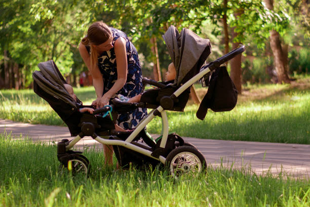 Woman and stroller for twins. A beautiful woman in a park seats two children up to a year in a stroller for twins. Maternity, Modern solutions for twins. Woman and stroller for twins. A beautiful woman in a park seats two children up to a year in a stroller for twins. Maternity, Modern solutions for twins animal drawn stock pictures, royalty-free photos & images