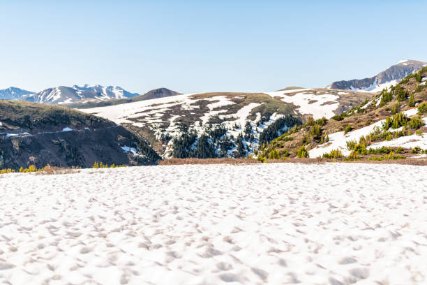 gipfel felsiger bergblick auf linkins lake trail gipfel am independence pass in der nähe von aspen, colorado im frühsommer 2019 mit schnee - linkins lake trail stock-fotos und bilder