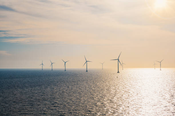 wind turbines on the ocean. - power supply power supply box power equipment imagens e fotografias de stock