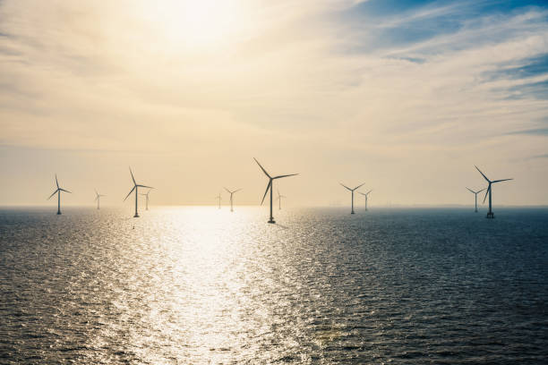 wind turbines on the ocean. - power supply power supply box power equipment imagens e fotografias de stock