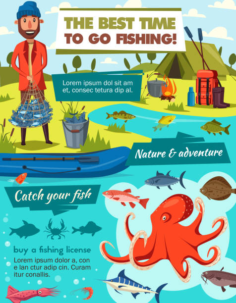 ilustrações, clipart, desenhos animados e ícones de pesca desportiva e fisher catch equipamentos de aborda - catfish fish fishing fishing hook