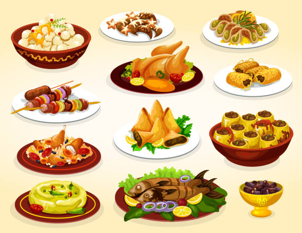 Ramadan dishes of grilled meat, fish and desserts Ramadan holiday food of iftar party arabian dishes. Date fruits, baklava and samosa islamic dessert, chicken rice biryani, grilled kebab and fish, hummus, stuffed zucchini and crescent moon cookie fruit of islam stock illustrations