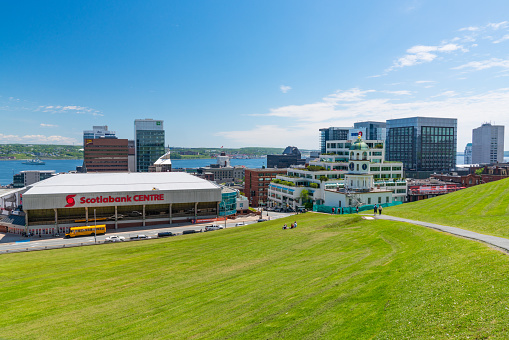 Halifax, Canada - June 19, 2019: Scotiabank Centre and skyline of downtown Halifax, Nova Scotia, Canada from the Citadel