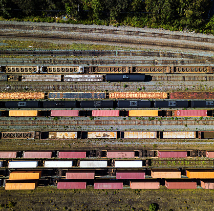 Aerial drone view of a large rail yard.