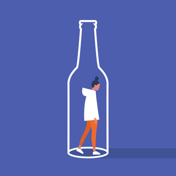 Alcoholism. Young female character trapped inside a bottle. Addiction. Booze. Flat editable vector illustration, clip art Alcoholism. Young female character trapped inside a bottle. Addiction. Booze. Flat editable vector illustration, clip art alcoholism stock illustrations