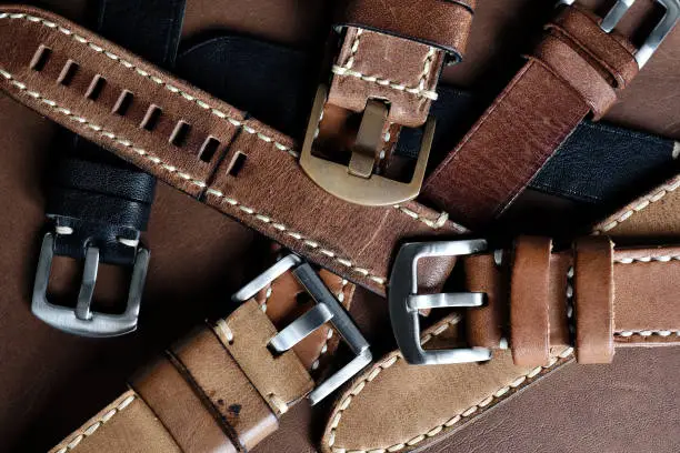 Photo of Watch straps, Genuine handcraft italian calfskin leather with white top stitching, Group of stylish wristwatch straps, Men fashion and accessories.