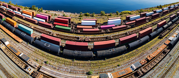 Low level aerial panoramic of a busy rail yard.