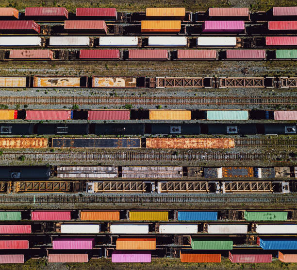 Aerial View of Rail Yard Aerial drone view of a large rail yard. shunting yard stock pictures, royalty-free photos & images