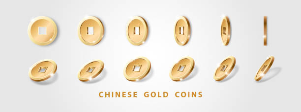 Chinese gold coins Set of realistic gold chinese coins with hole isolated on a white background. Decoration elements for oriental New Year design. Talisman for wealth and prosperity in Feng Shui. Vector illustration good luck charm stock illustrations