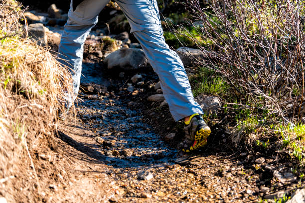 mann zu fuß auf linkins lake trail auf independence pass in felsigen bergen in der nähe von aspen, colorado im frühsommer 2019 nahaufnahme der beine - linkins lake trail stock-fotos und bilder