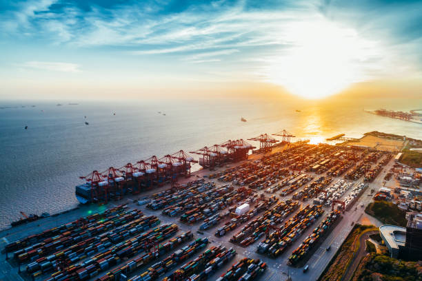 aerial view of yangshan harbor, shanghai, china. - sea commercial dock harbor bay imagens e fotografias de stock