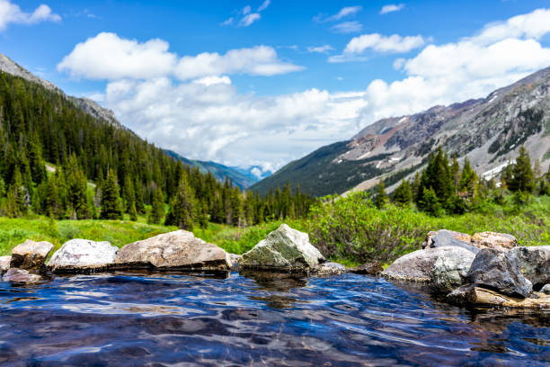 Photo of Hot springs blue pool on Conundrum Creek Trail in Aspen, Colorado in 2019 summer with rocks stones and valley view with nobody
