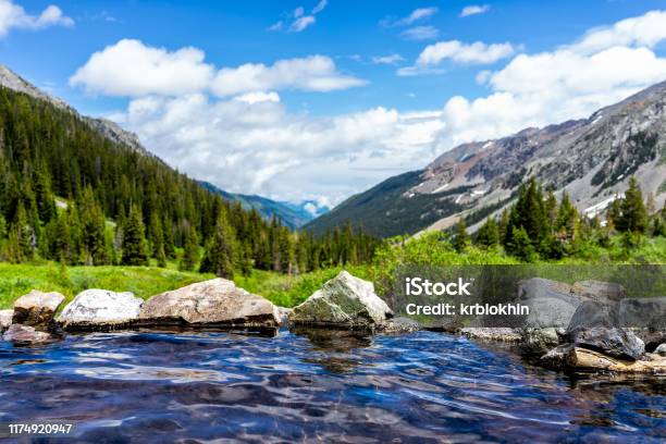 Hot Springs Blue Pool On Conundrum Creek Trail In Aspen Colorado In 2019 Summer With Rocks Stones And Valley View With Nobody Stock Photo - Download Image Now