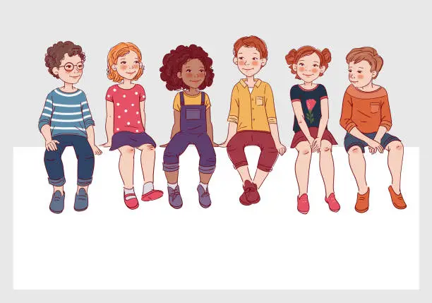 Vector illustration of Group of friendly kids sitting on bench. Happy boys and girls