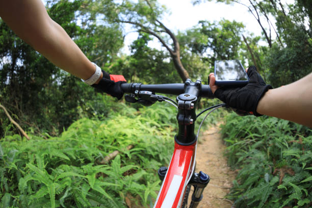 istock Cyclist using smart phone while riding bike on the rainforest trail 1174921839