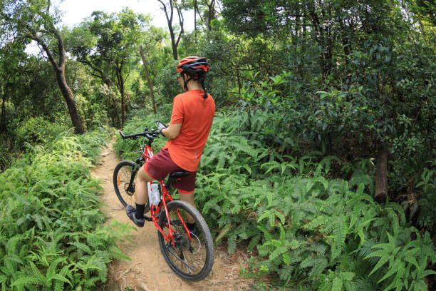 istock Cyclist using smart phone while riding bike on the spring forest trail 1174921889
