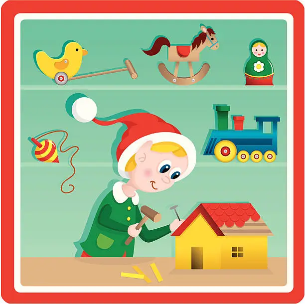 Vector illustration of Cute Christmas toy factory toymaker elf