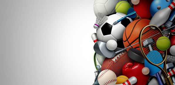 Sports equipment background with a football basketball baseball soccer tennis and golf ball including ping pong tennis hockey puck as healthy recreation including copy space with 3D illustration elements.