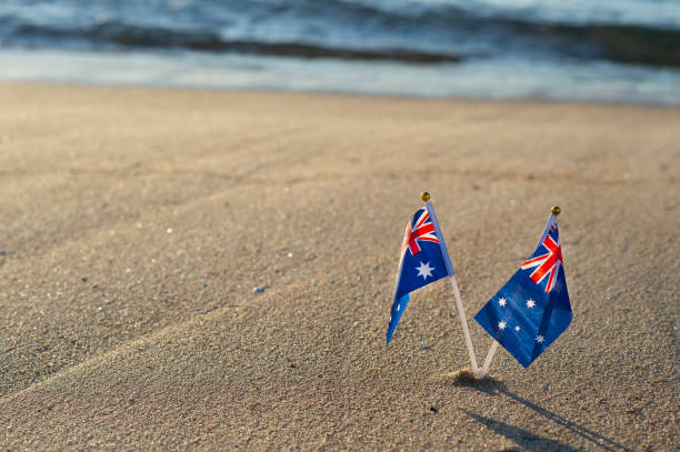 Australian flags on the Beach stock photo