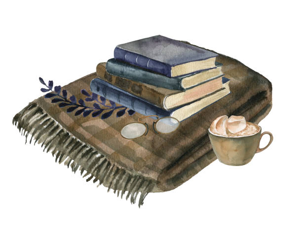 ilustrações de stock, clip art, desenhos animados e ícones de isolated watercolor illustration with books, sweater and a cup of coffee. suitable for cards, invitations, holidays, etc. - scandium