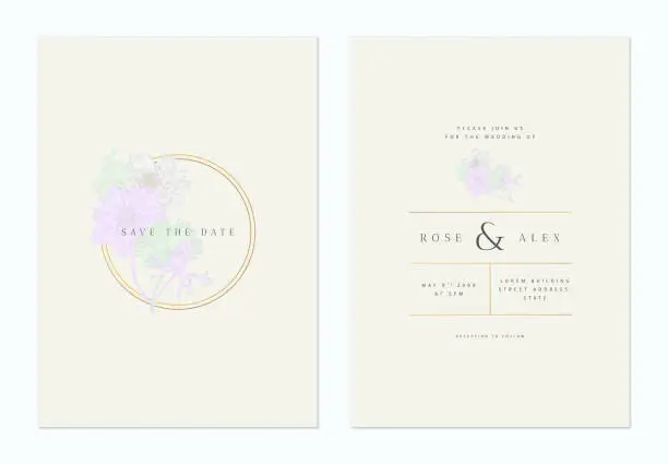 Vector illustration of Minimalist floral wedding invitation card template design, anemone flowers line art ink drawing in purple and green on light brown, pastel vintage theme