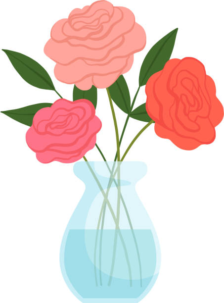 schöne rosenblumen in vase, bouquet von blühenden blumen für innendekoration vektor illustration - blumenvase stock-grafiken, -clipart, -cartoons und -symbole