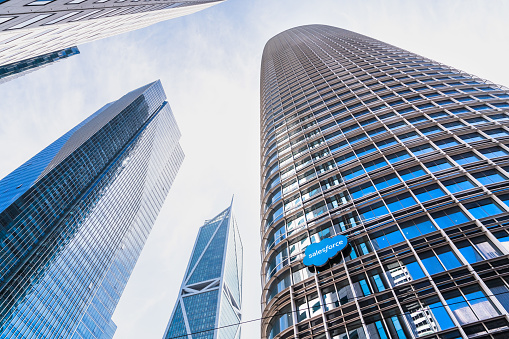 August 21, 2019 San Francisco / CA / USA - Salesforce tower, the Company's new corporate HQ; Two residential buildings (Millennium tower and 181 Fremont Street tower) rising next to it; SOMA District