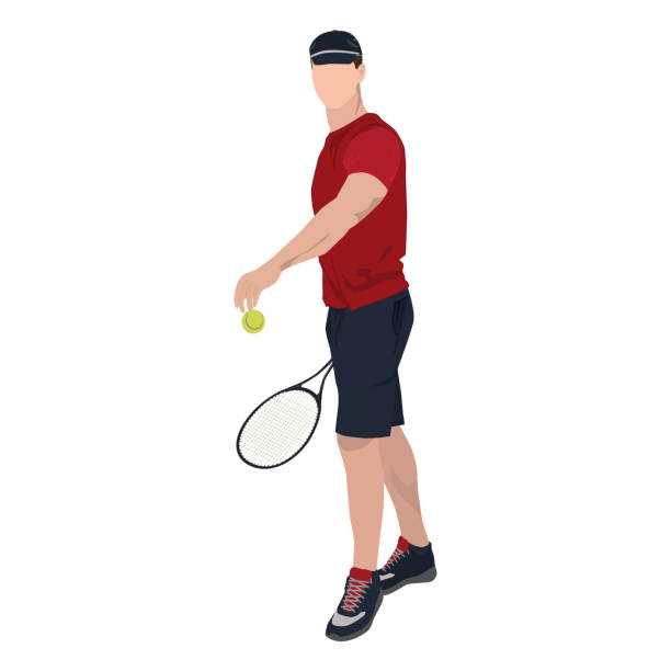 illustrazioni stock, clip art, cartoni animati e icone di tendenza di tennista con palla e racchetta, illustrazione piatta vettoriale isolata - tennis court tennis racket forehand