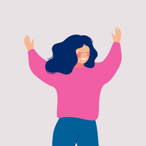 A joyful woman joins some event with her open arms. A joyful woman joins some event with her open arms. Happy female cartoon character with raised hands isolated on white background arms raised illustrations stock illustrations