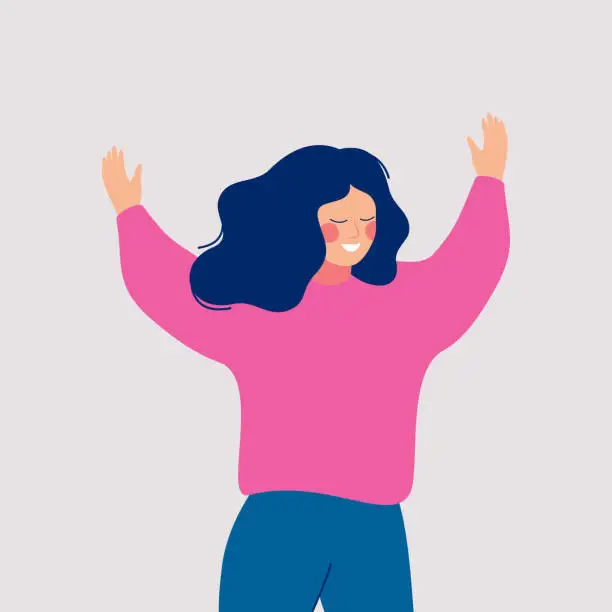 Vector illustration of A joyful woman joins some event with her open arms.