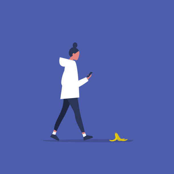 ilustrações, clipart, desenhos animados e ícones de personagem feminino milenar viciado em um smartphone. estilo de vida moderno.  nomofobia. casca de banana. ilustração editable lisa do vetor, arte de grampo - falling accident danger slippery