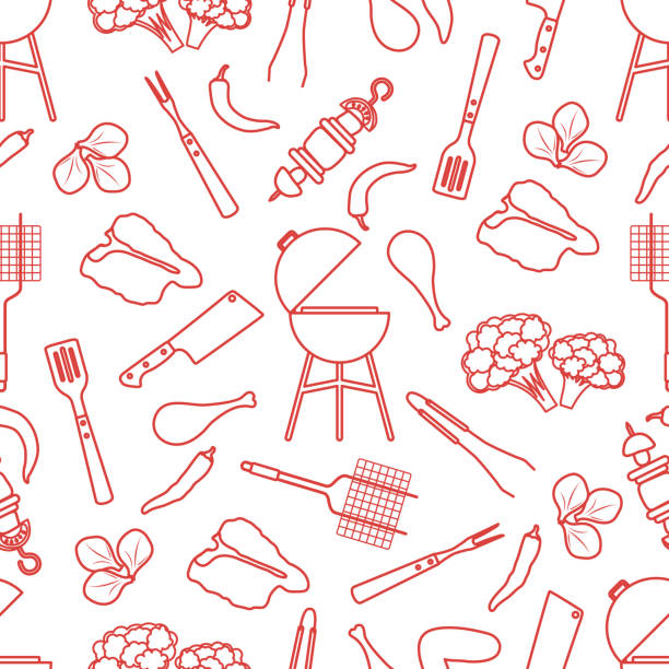 Seamless pattern Grill, barbecue tools, food. BBQ Seamless pattern with grill and barbecue tools, food. BBQ party background. Design for party card, banner, poster or print. shish kebab stock illustrations