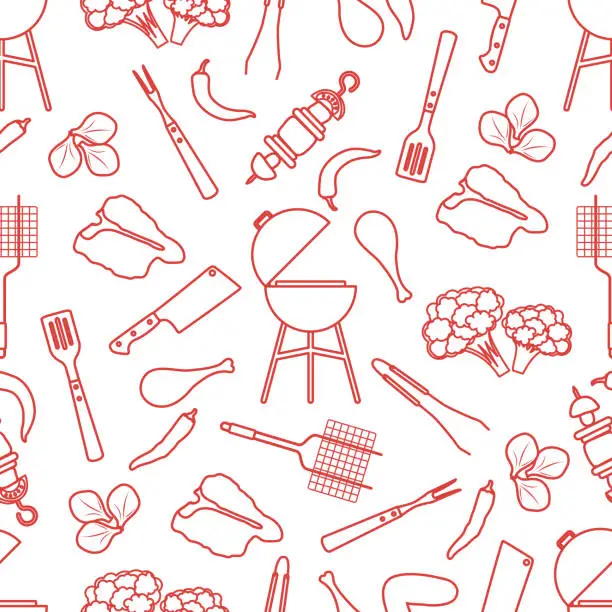 Vector illustration of Seamless pattern Grill, barbecue tools, food. BBQ
