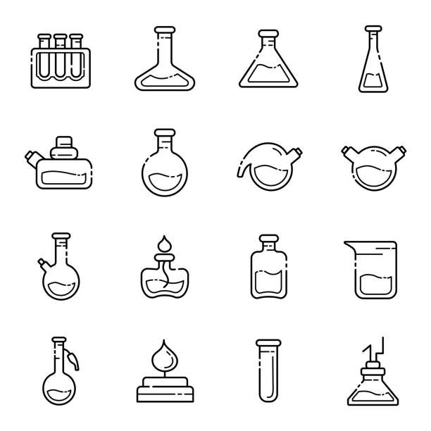 ilustraciones, imágenes clip art, dibujos animados e iconos de stock de conjunto de iconos de frascos de laboratorio - test tube glass reagent red