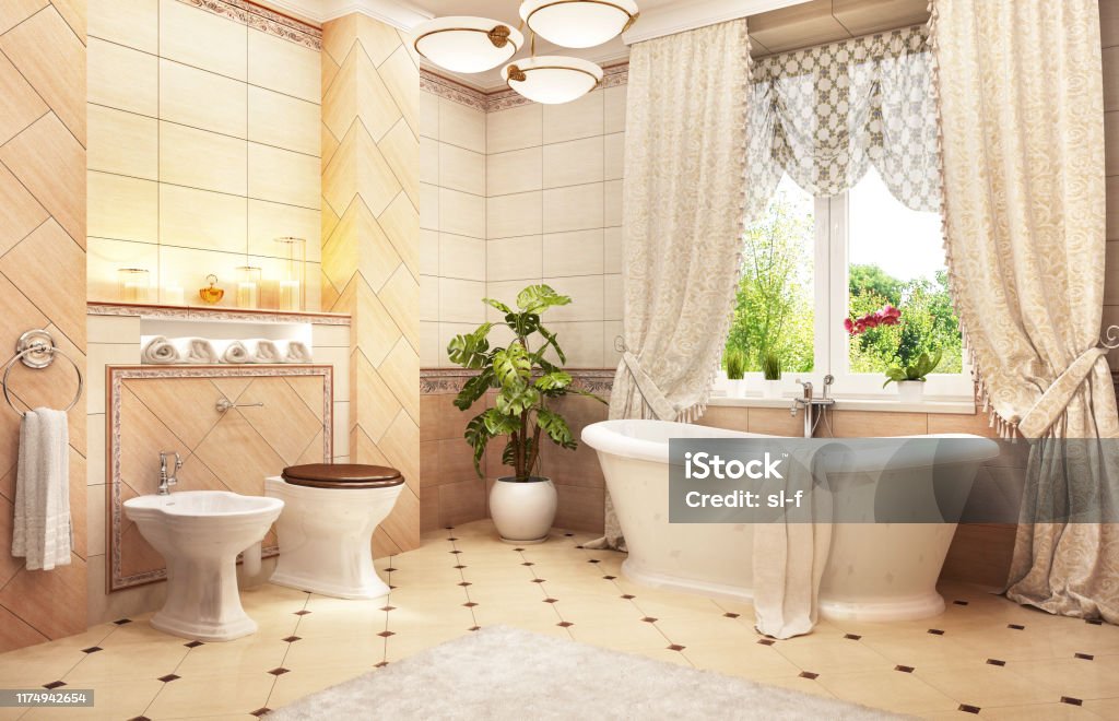 Large bathroom with bath and window Bathroom with bath and window Bathroom Stock Photo