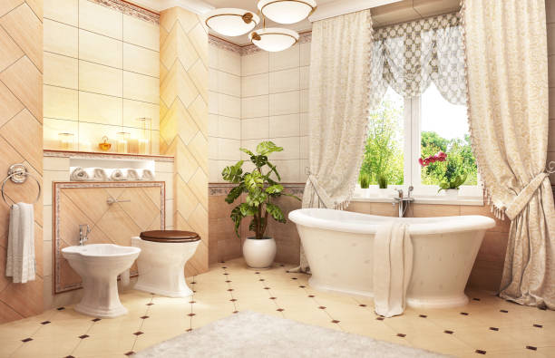 Large bathroom with bath and window Bathroom with bath and window free standing bath photos stock pictures, royalty-free photos & images