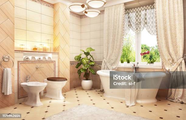 Large Bathroom With Bath And Window Stock Photo - Download Image Now - Bathroom, Retro Style, Toilet