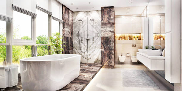 современная большая ванная комната с большим окном - bathroom luxury house home interior стоковые фото и изображения