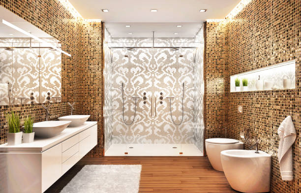 istock Modern bathroom with a large shower room and a beautiful mosaic pattern 1174942675