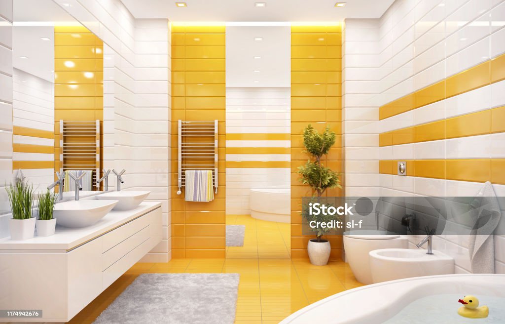 Luxurious bathroom with large bath and two sinks Modern bathroom with large bath and two sinks Bathroom Stock Photo