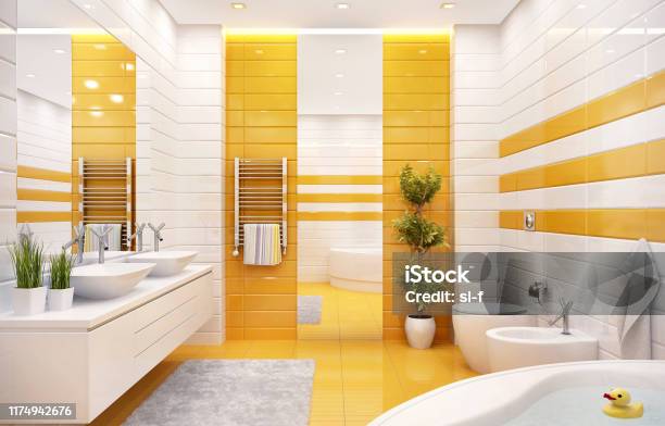 Luxurious Bathroom With Large Bath And Two Sinks Stock Photo - Download Image Now - Bathroom, Yellow, Domestic Bathroom