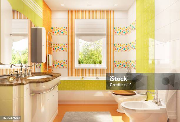 Childrens Bathroom With Bath And Window Stock Photo - Download Image Now - Bathroom, Multi Colored, Toilet
