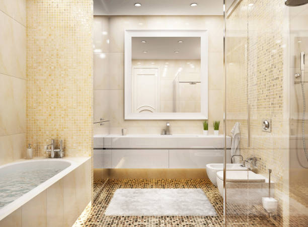 современный дизайн интерьера мозаики ванной комнаты - tiled floor ceramic floor model home стоковые фото и изображения