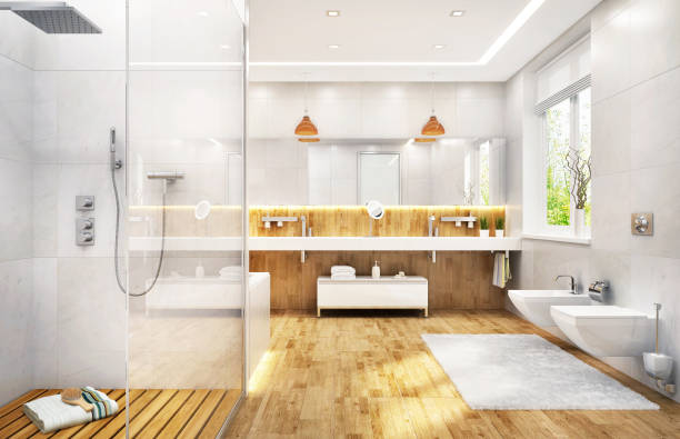 istock Large bathroom with bath and shower and two sinks 1174942714