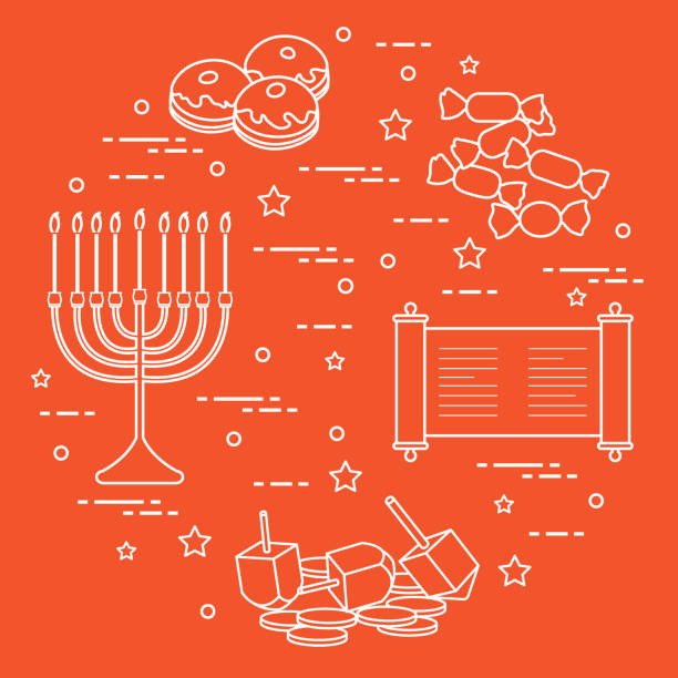 ilustraciones, imágenes clip art, dibujos animados e iconos de stock de fiesta judía hanukkah: dreidel, sivivon, menorah, monedas, rosquillas y otros. - vísperas solemnes