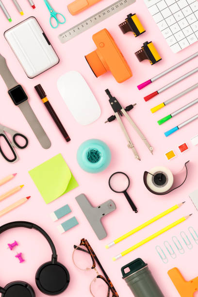 Back to school flat lay on pink background