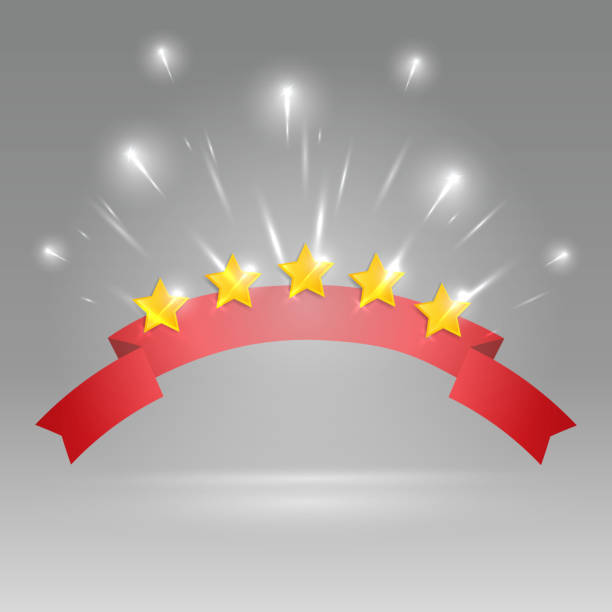istock Five star golden rating, feedback creative vector illustration with red ribbon winning 1174949141
